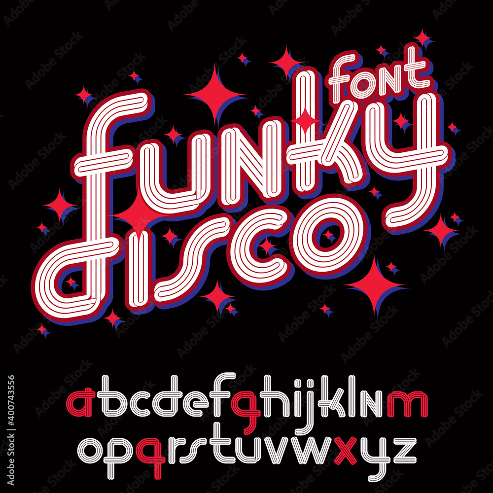 Fototapete vector funky rounded lower case alphabet letters collection with parallel lines, for use as retro po
