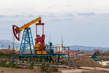 Oil pump. Oil rig energy. industrial machine for petroleum. Baku, Bayil district