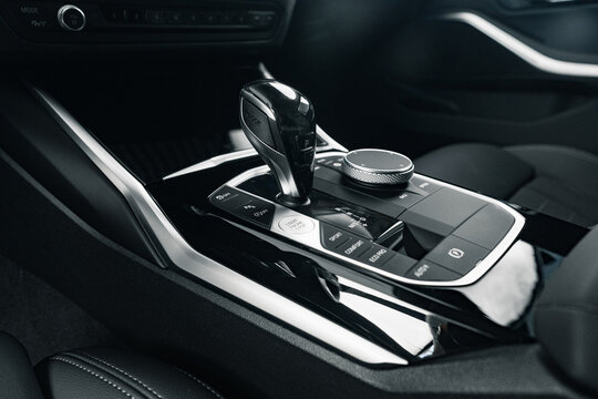 Luxury car gear shifter knob close up