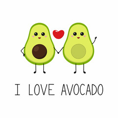 Two avocado halves hold each other's hands. The inscription in the style of lettering I love avocado. Avocado lovers. Valentine's day greeting card. Cover for a notebook. Print on a t-shirt.