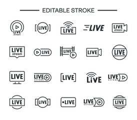 Set of live streaming icons. Editable symbols and buttons of live streaming, broadcasting, online stream. Lower third template for tv, shows, movies and live performances. Vector