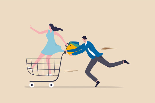 Big sale shopping, consumerism, customer enjoy buying or purchasing goods concept, happy young couple family with man pushing beautiful lady holding shopping bags on shopping cart trolley.