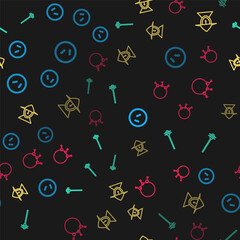 Set line Round wooden shield, Medieval chained mace ball, iron helmet and Old keys on seamless pattern. Vector.