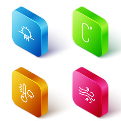 Set Isometric line Sunset, Celsius, Meteorology thermometer and Wind icon. Vector.