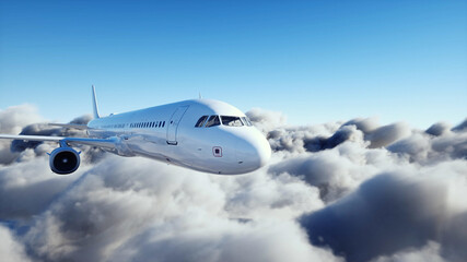 Passenger airbus flying in clouds. Plane. 3d rendering. - obrazy, fototapety, plakaty