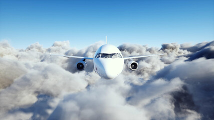 Passenger airbus flying in clouds. Plane. 3d rendering. - obrazy, fototapety, plakaty