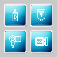 Set line Bottle of shampoo, Electric razor blade for men, Hair dryer and Barbershop icon. Vector.