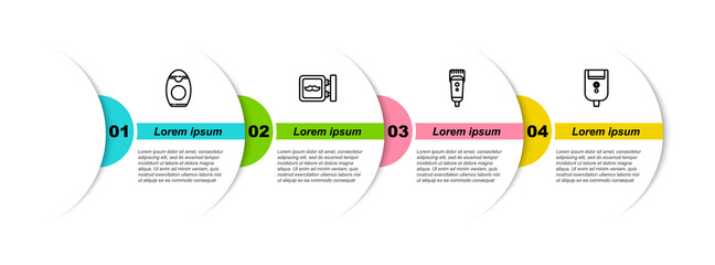 Set line Bottle of shampoo, Barbershop, Electrical hair clipper or shaver and razor blade for men. Business infographic template. Vector.