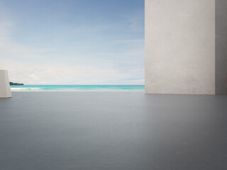 Gray concrete wall on empty outdoor terrace. Plaza 3d rendering with beach and sea view.