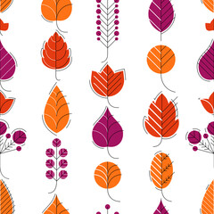 Stylish cartoon autumn leaves seamless vector pattern, endless wallpaper or textile swatch with tree floral, red fall life theme.