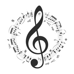 vector illustration with musical notation symbols, treble G-clef, clef, notes and stave, signs of musical alliteration, music composing concept, melody elements for design, round music notes frame