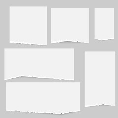 Set of torn note paper strips stuck on grey background. Vector