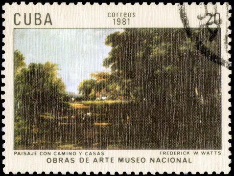 Postage stamp issued in the Cuba the image of the Landscape with Road and Village, Frederick W. Watts, circa 1981