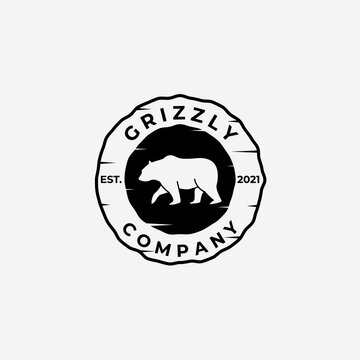 Emblem Vintage Walking Bear Hunter Logo Vector Design Illustration, Grizzly Bear, Polar Bear, Black Bear