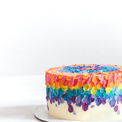 Colorful big handmade birthday cake close up.