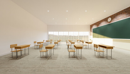Classroom background. Room interior in school and empty board, blackboard or chalkboard, furniture, desk, table, wood floor. For teacher, student to teach, learn, seminar, meeting, training. 3d render