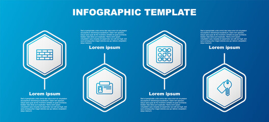 Set line Firewall, security wall, Identification badge, Graphic password protection and Marked key. Business infographic template. Vector.