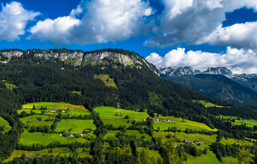 Fototapeta premium Rural Landscape With Mountains And Cottages In The Alps Of Austria