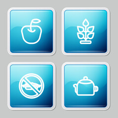 Set line Apple, Plant, Food no diet and Kettle with handle icon. Vector.