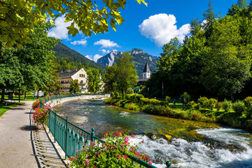 River Traun In The Village Bad Aussee In Austria - obrazy, fototapety, plakaty
