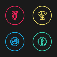 Set line Puffer fish on a plate, Octopus, Scallop sea shell and Lobster icon. Vector.