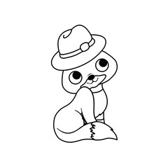 Coloring of Cat Wears a Hat Cartoon, Cute Funny Character, Flat Design