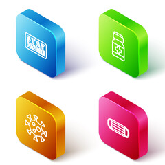 Set Isometric line Stay home, Medicine bottle and pills, Virus and Medical protective mask icon. Vector.