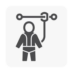 Safety harness vector icon. That uniform or tool with rope or cable is personal protective equipment (PPE) for wear to work at height building to protect, safe or prevent builder person fall, injury.