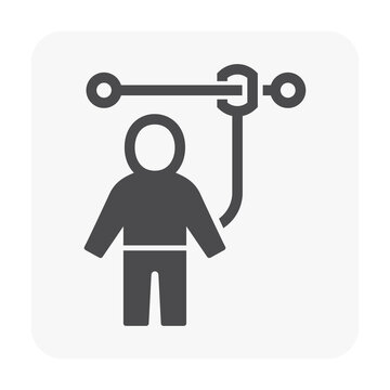 Safety Belt Vector Icon. That Uniform Or Tool With Rope Or Cable Is Personal Protective Equipment (PPE) For Wear To Work At Height Building To Protect, Safe Or Prevent Builder Person Fall, Injury.