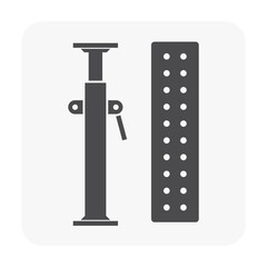 Scaffolding component icon. Consist of board decking. Also called steel plank, metal deck and catwalk for work platform and access. Include adjustable scaffolding shoring prop for temporary support.
