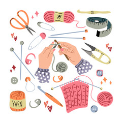 Knitting set. Hands with knitting. The concept of needlework and knitting. Scissors, needles, hooks, yarn, thread, needle, pin, tape measure. Hand-drawn illustration on a white background.