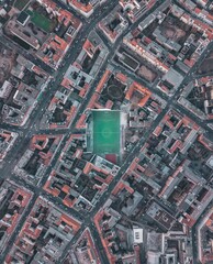 Soccerfield Football Field in Urban City Residential Neighborhood of Berlin, Germany, Aerial Birds...