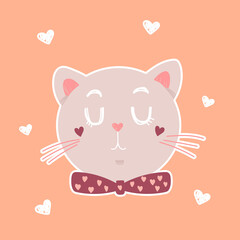 Cute cat face with red bow vector icon. Illustration in flat style for greeting card, sticker, poster on orange background.