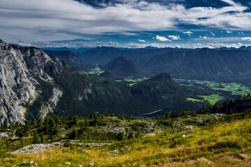 Fototapeta na wymiar Valley With Forests And Villages Beneath Lake Grundlsee in The Alps Of Styria In Austria
