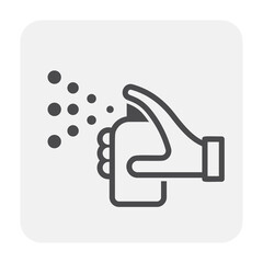 Aerosol spray icon. Consist of hand holding can or bottle, nozzle, valve, button, pressure air and liquid inside to create an aerosol mist of liquid particles for graffiti paint, hair sprayer etc.