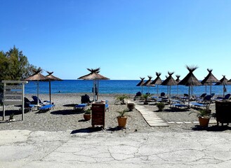 Beautiful view of the Mediterranean Sea from the beach of the island of Crete.