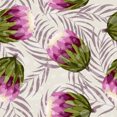 Seamless pattern of pink protea flower and tropical leaves. Design for printing, wallpaper, fabric, textiles, banner.