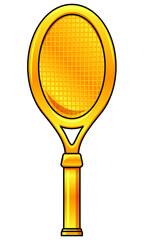 Golden tennis racket. Cartoon illustration. Gold material. Trophy award for champion of tournament or competition. Glossy and shiny sports inventory object. Achievement badge for players.