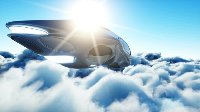 Futuristic sci fi ship flying in the clouds. Realistic 4k animation.