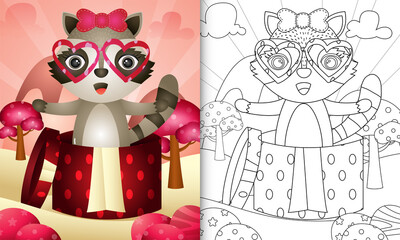 coloring book for kids with a cute raccoon in the gift box themed valentine day
