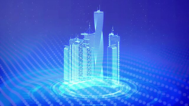 poligonal city buildings rotates, cg industrial 3D animation