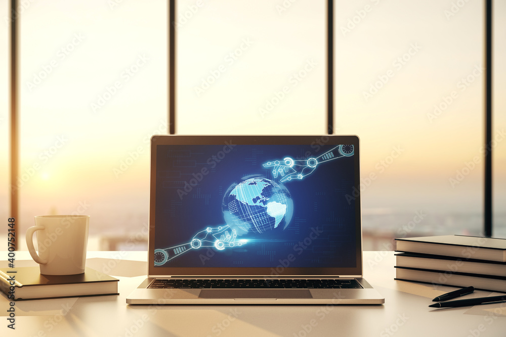 Poster modern computer monitor with robotics technology with world map hologram. research and development s