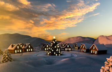 Winterliches Dorf bei Sonnenaufgang