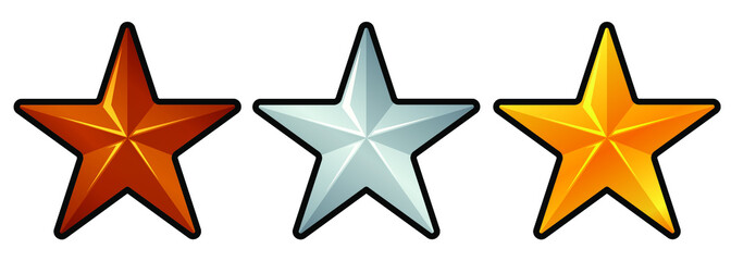 Obraz premium Bronze, silver and golden star icons. Symbols for showing rank or rating of sports participant, player or military service. Shiny metal set of three objects. For decoration and award for competition.