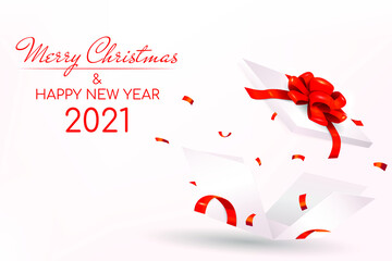 Open white gift box with red ribbon and bow flying lid isolated on white background. Merry Christmas and Happy New Year 2021. Vector illustration