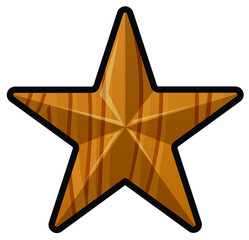 Wooden star logo isolated on white background. Cartoon illustration of shiny wood star shaped object. Simple form logotype for company.