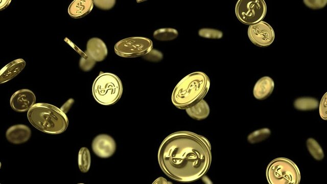 Falling gold coins with dollar symbol on a black background. Looped 3D animation with depth of field. Animation has a transparent background ProRes 4444