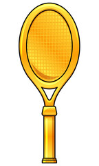 Golden tennis racket. Cartoon illustration. Gold material. Trophy award for champion of tournament or competition. Glossy and shiny sports inventory object. Achievement badge for players.