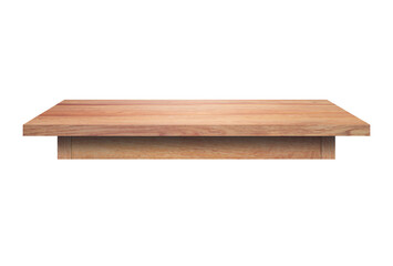 Wooden table top isolated on white background. Empty rustic brown wood deck table. Timber furniture contemporary design, interior home or office used for display product montage with copy space.