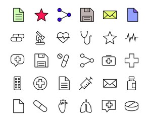 A simple set of medicine ICONS, contains medicine icons, pills, related vector line icons. thin lines, pain, syringe, lungs, microscope, cardiogram, virus and much more. Editable stroke.